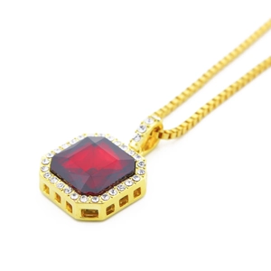 Luxuriöse Hiphop-Goldkette mit quadratischem Rubin-Anhänger und Diamantbesatz für Herren
