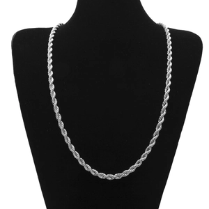 Detail of silver 6mm rope chain necklace on black velvet mannequin with metallic luster