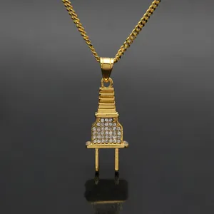Collier Pendentif Prise Électrique Hip Hop en Alliage Incrusté de Strass Or Argent Maillon Gourmette Bijoux Streetwear Homme Femme