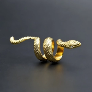 Golden snake ring with three-tier wrap design and scale texture for hip-hop style