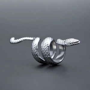 Hip hop punk style snake ring in silver finish with crystal eye and scale texture