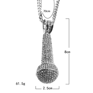 Collier hip hop pour homme avec pendentif microphone serti de strass et chaîne cubaine