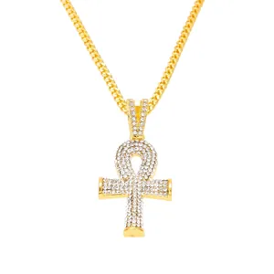 Hip Hop Iced Out Ägyptische Ankh Schlüssel Anhänger Halskette Für Herren Damen Gold Silber Legierung Strass Panzerkette