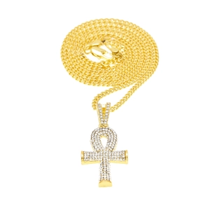 Goldener ägyptischer Ankh-Schlüssel-Anhänger mit weißen Zirkonen an einer Panzerkette für Damen
