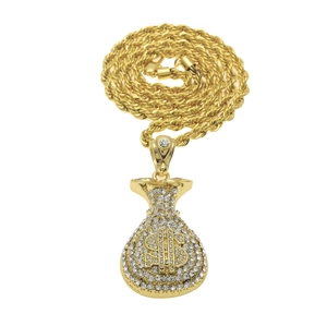 Detailansicht des Hip-Hop-Geldbeutel-Anhängers mit Kristallen und goldener Kordelkette