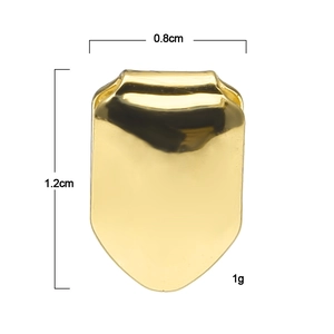 Gepolijste gouden enkele tand grillz hiphop sieraden, maat 1,2 cm hoog en 0,8 cm breed