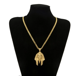 Classic gold stainless steel Pharaoh pendant necklace with crystal eyes on curb chain