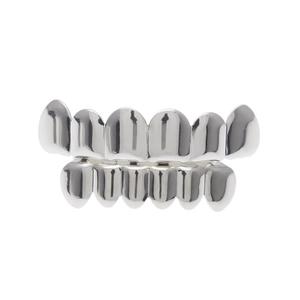 Polished silver hip hop grillz set for upper and lower teeth with smooth mirror finish