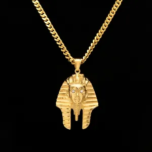 Hip Hop Stainless Steel Egyptian Pharaoh Head Pendant Necklace Gold Plated Iced Out King Tut Retro Jewelry Cuban Chain