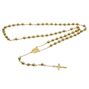 Détail de la chaîne de chapelet à perles dorées avec médaille religieuse et crucifix