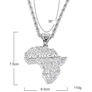 Silver iced out Africa map pendant with cubic zirconia on a 6mm twist rope chain for men