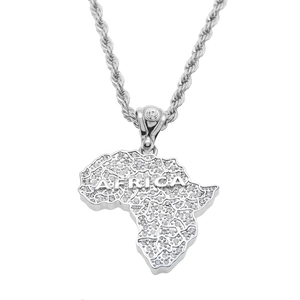 Detailed macro view of silver Africa map pendant with micro pave diamonds and rope chain