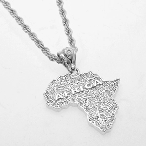 Close-up of iced out silver Africa map pendant with luxury rope chain for men
