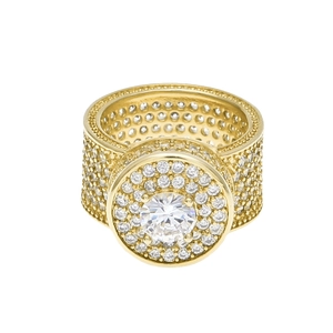 Macro detail of men's hip hop gold ring with large round zircon and iced out pave setting
