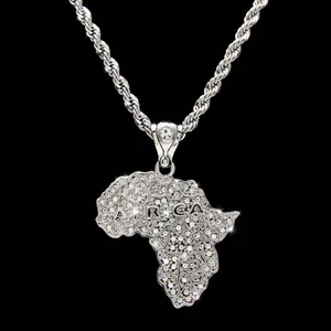 Silver iced-out Africa map pendant necklace with white rhinestones and 6mm rope chain