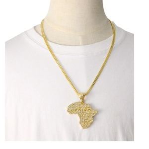 Hip-hop gold Africa map pendant necklace with crystal diamonds and 6mm twist chain