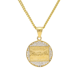 Detail of Last Supper gold pendant necklace with crystal inlay and intricate relief