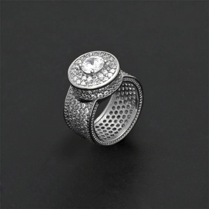 Macro side view of silver hip-hop ring with iced out micro-pave round zircon stones