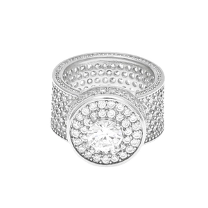 Macro detail of iced out silver hip hop ring with sparkling round cluster zirconia stones