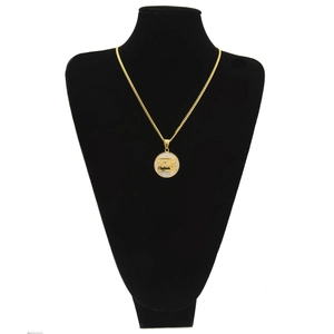 Gold-plated The Last Supper circular pendant necklace with rhinestones on black bust