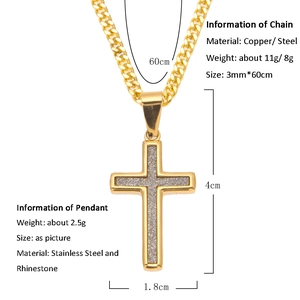 Pendentif croix en acier inoxydable doré avec cristaux brillants style hip-hop tendance