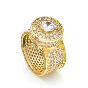 Hip Hop Men Circular Zirconia Ring Heavy Duty Copper Gold Silver Plated Iced Out Pavé Rhinestone Statement Ring Jewelry