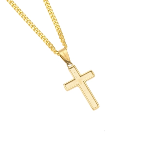 Pendentif croix en acier inoxydable doré avec texture brossée sur une chaîne gourmette