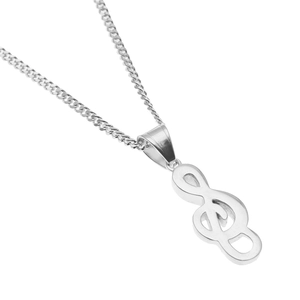 Vue détaillée du pendentif note de musique argenté avec finition miroir sur chaîne