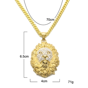 Pendentif tête de lion doré avec cristaux et grosse chaîne cubaine pour bijoux hip-hop