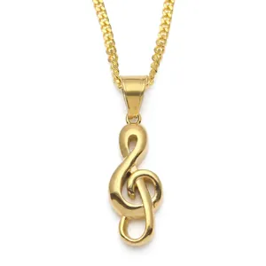 Collier Pendentif Clé de Sol en Acier Inoxydable Musique Hip Hop Plaqué Or Argent Bijoux pour Hommes Femmes Amateurs de Musique