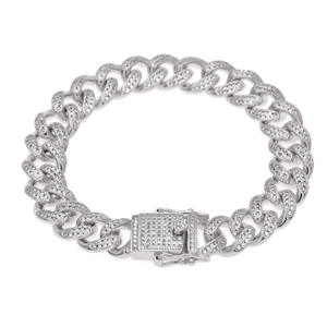 Detailed macro view of 13mm silver iced out Cuban chain with secure box clasp