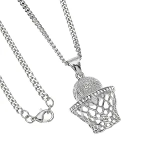 Hip-Hop Basketballkorb Anhänger Halskette Iced Out Strass Legierung Edelstahl Kette Schmuck Für Damen Herren Sport Stil