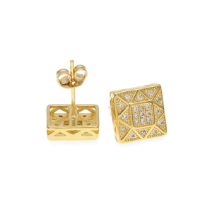 Macro detail of gold square stud earrings with iced-out cubic zirconia pavé and hollow sides