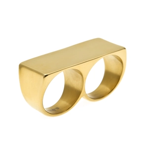 Close-up of golden polished stainless steel two-finger ring with rectangular flat top surface
