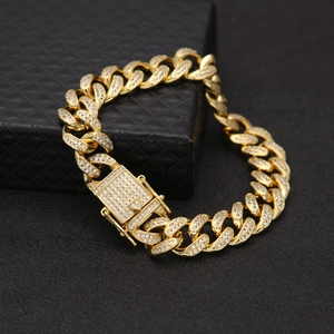 Hip-hop style 13mm gold plated iced out cuban link bracelet with sparkling crystals