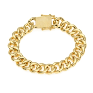 Detailed macro view of 13mm gold plated Cuban link bracelet with iced out box clasp closure