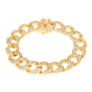 Detail of hip-hop gold Cuban link bracelet with micro-pave cubic zirconia crystals
