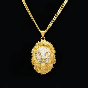 Collier Pendentif Tête de Lion Hip Hop Acier Inoxydable Plaqué Or Strass Animal Chaîne Cubaine Bijoux Pour Hommes