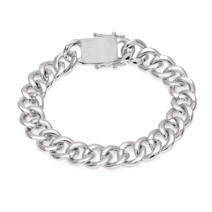 Detailed view of silver cuban link bracelet with polished mirror finish and box clasp buckle