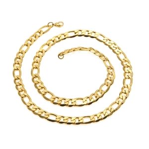 Detailed macro view of a golden Figaro link chain necklace with a secure lobster clasp