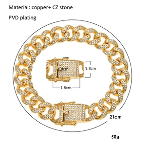 Golden 13mm Cuban link bracelet with CZ stones on white background with dimensions