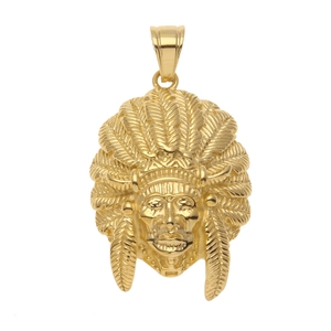 Detailed macro view of gold-plated Indian chief pendant with intricate feather textures
