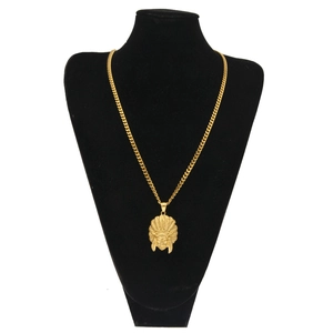 Hip hop stainless steel necklace with gold native american indian chief feather pendant