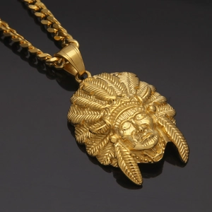 Gold Indian chief feather pendant on Cuban chain, hip hop stainless steel necklace