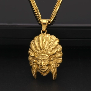 Hip hop stainless steel Indian chief head pendant necklace with gold cuban chain link