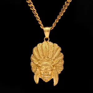 Hip Hop Stainless Steel Indian Chief Head Pendant Necklace For Men Gold Plated Feather Portrait Relief Cuban Chain Jewelry