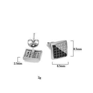 Square hip hop earrings with black and white cubic zirconia in minimalist micro-pave style