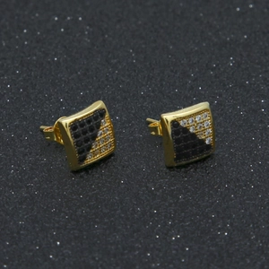 Square geometric stud earrings with black and white zircon stones in gold plating