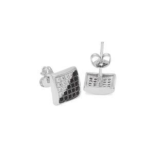 Square hip-hop stud earrings with black and white zircon stones in silver metal
