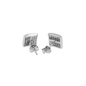 Back view of silver square stud earrings with honeycomb base and butterfly clasps